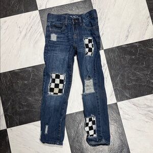 Checkered Patch Distressed Jeans